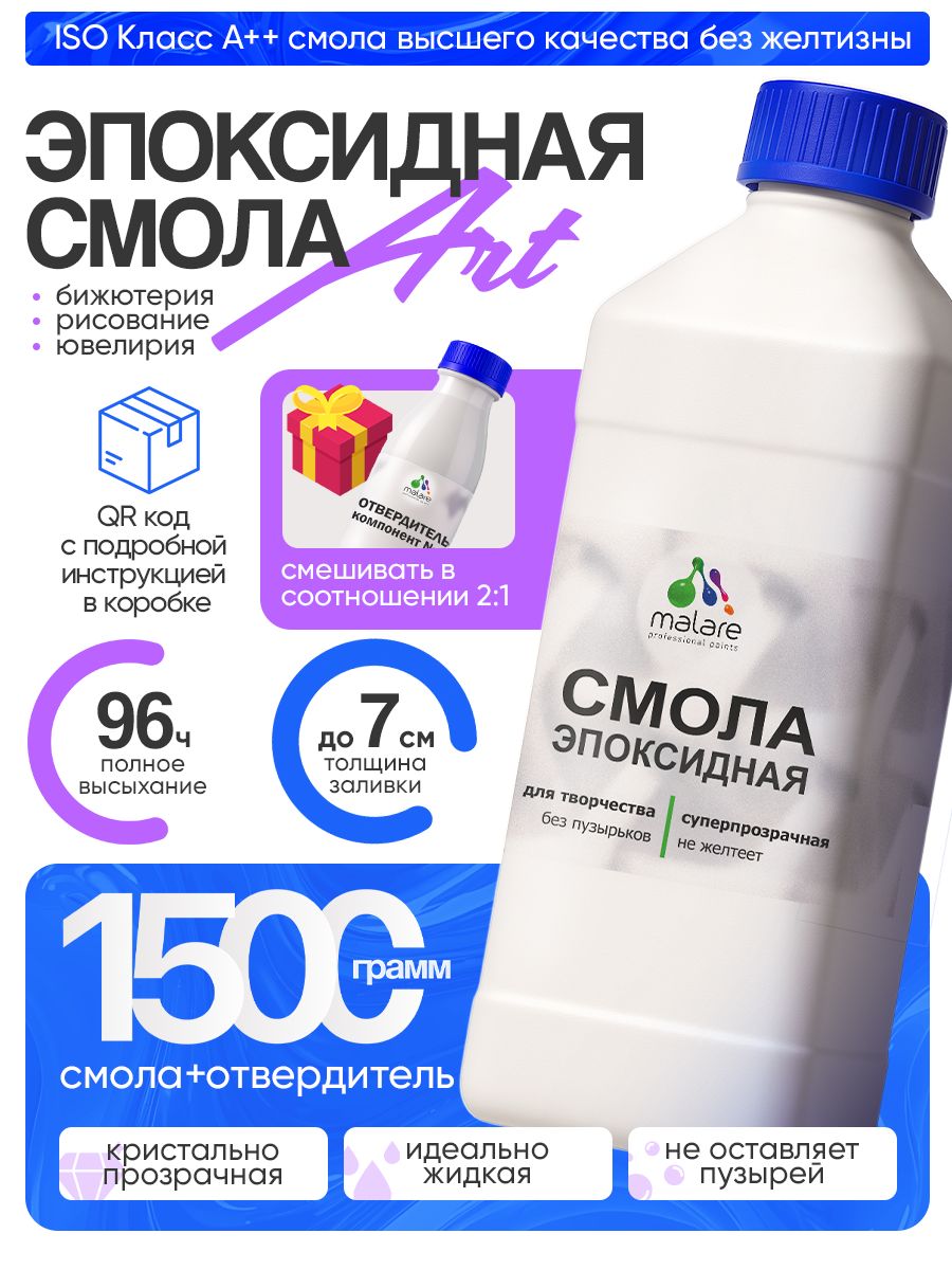 2К Эпоксидная смола Malare для творчества, двухкомпонентная кристально-прозрачная, самовыравнивающаяся высокопрочная, без запаха (1 кг+0.5 кг отвердитель)