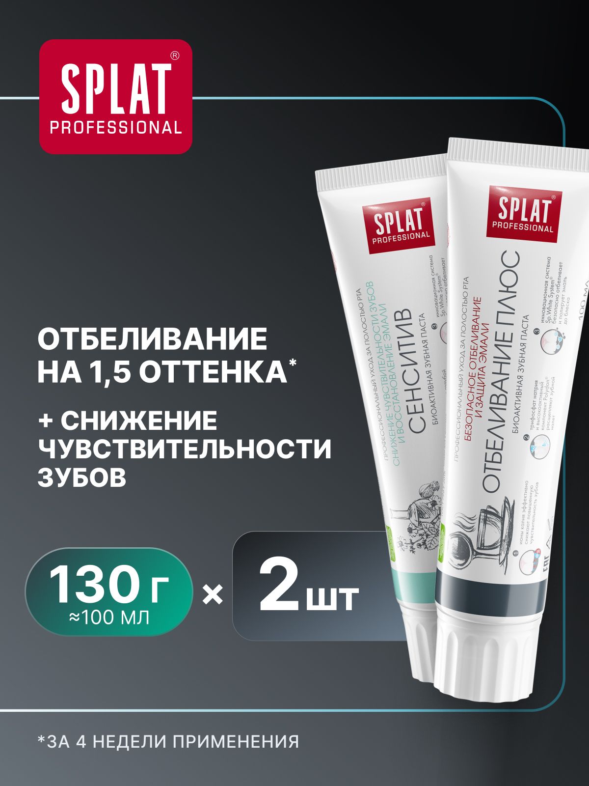Зубная паста отбеливающая для чувствительных зубов и десен SPLAT Professional "СЕНСИТИВ" + "ОТБЕЛИВАНИЕ ПЛЮС", набор 130 г (100 мл) х 2 шт.
