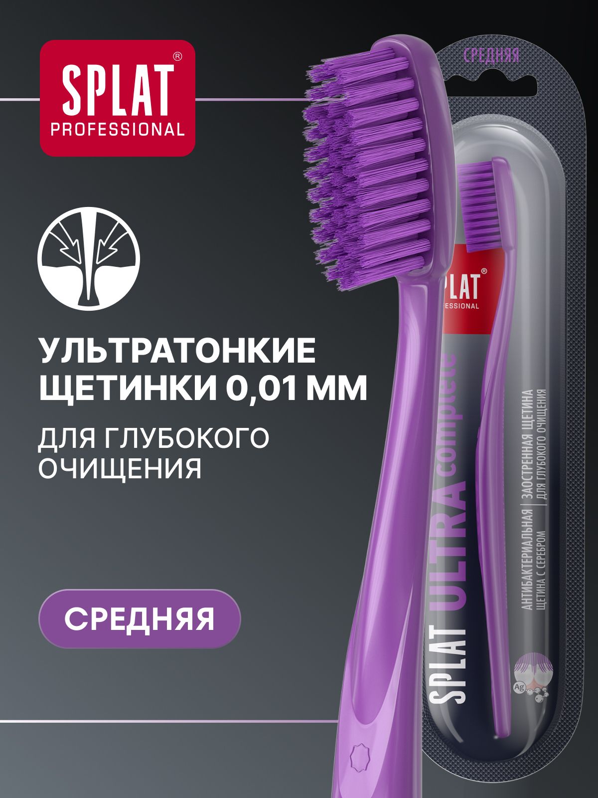 Зубная щетка средней жесткости Инновационная SPLAT Professional ULTRA COMPLETE Medium для глубокого очищения зубов, средняя, фиолетовая