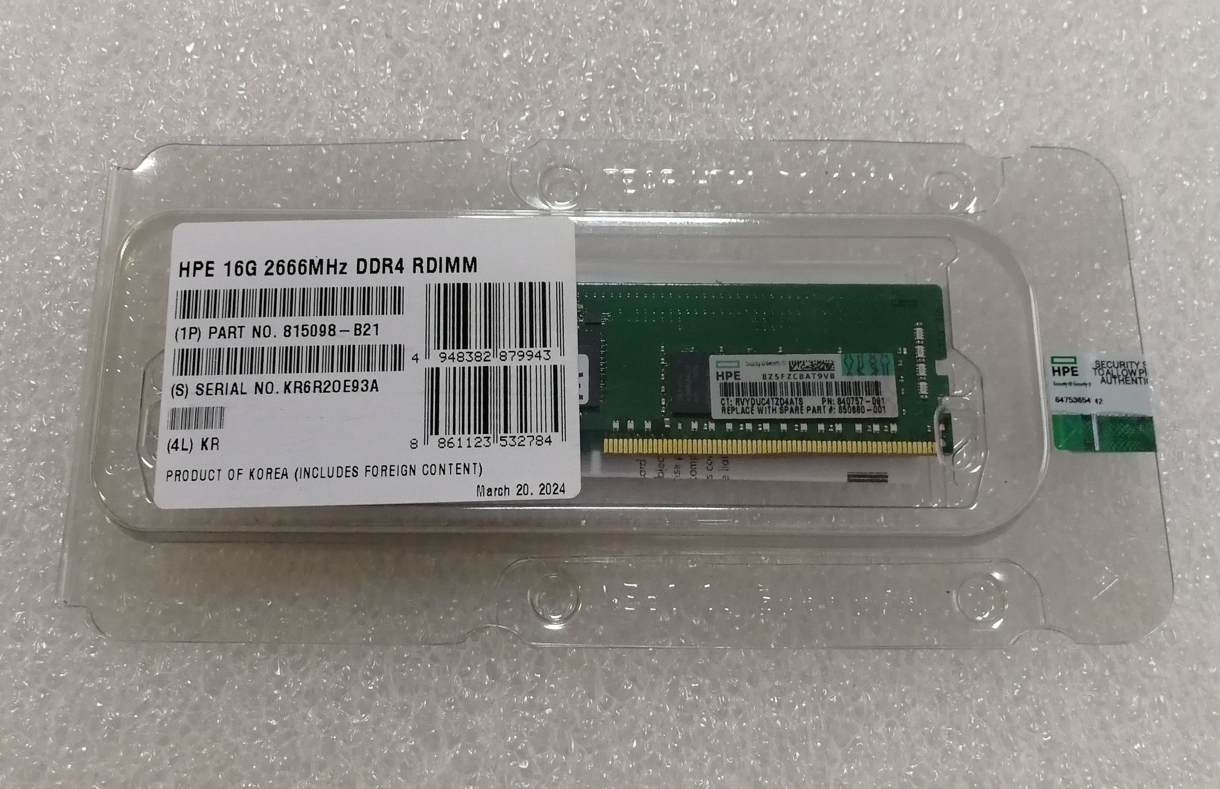 HP 16GB DDR4-2666 RDIMM ECC Registrata, 815098-B21 / 850880-001 / 840757-091, Garanzia Lifetime