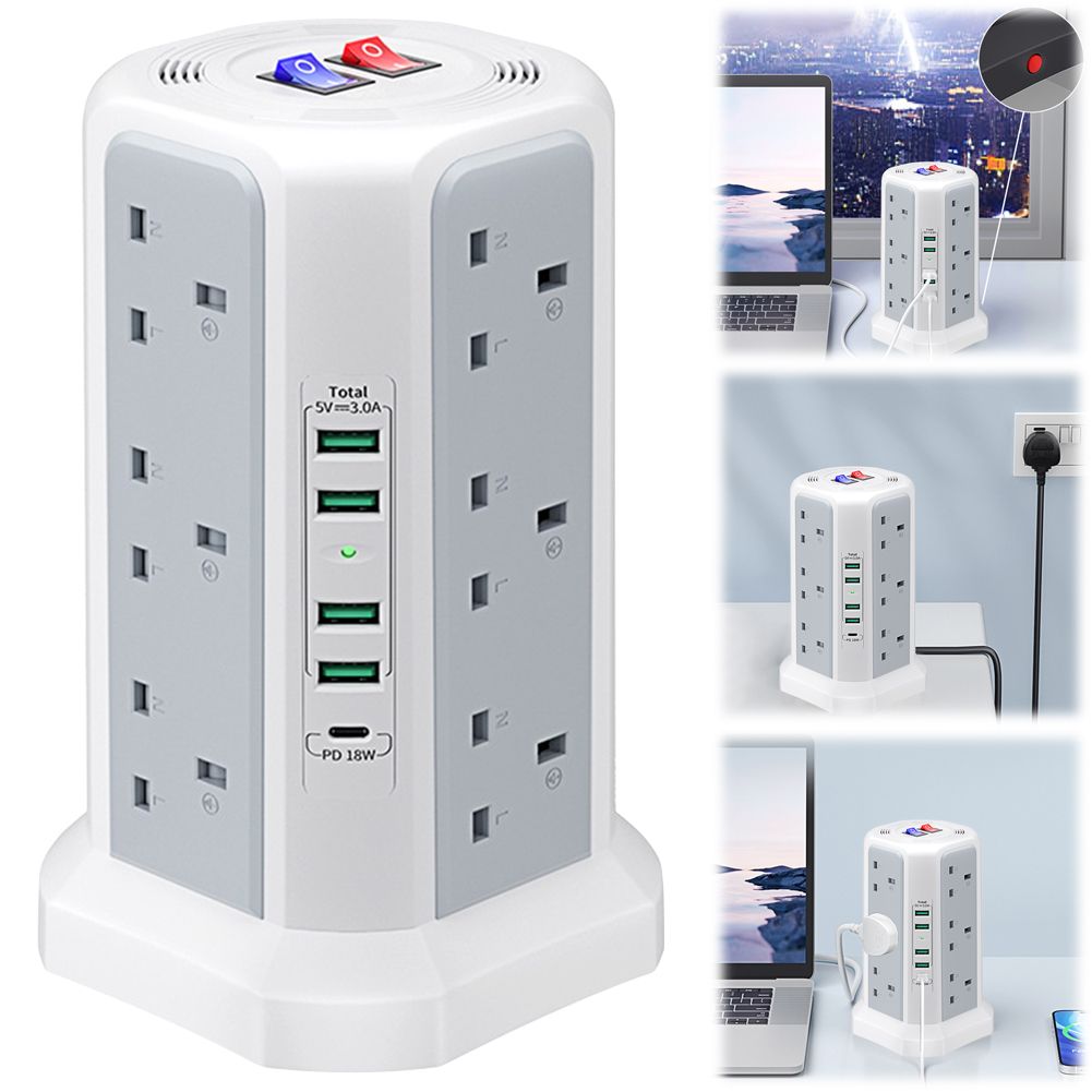 Удлинительс12розеткамиUK,5USB,защитойотперегрузки,3250Вт,1,8м
