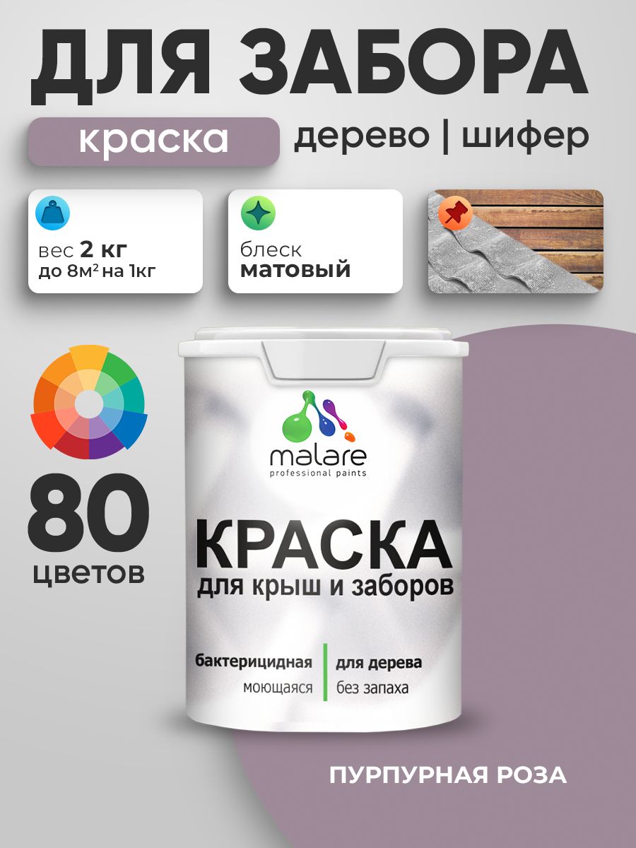 Акриловая краска Malare для деревянного забора/ по дереву для наружных и внутренних работ/ быстросохнущая моющаяся без запаха, матовая, пурпурная роза, 2 кг.