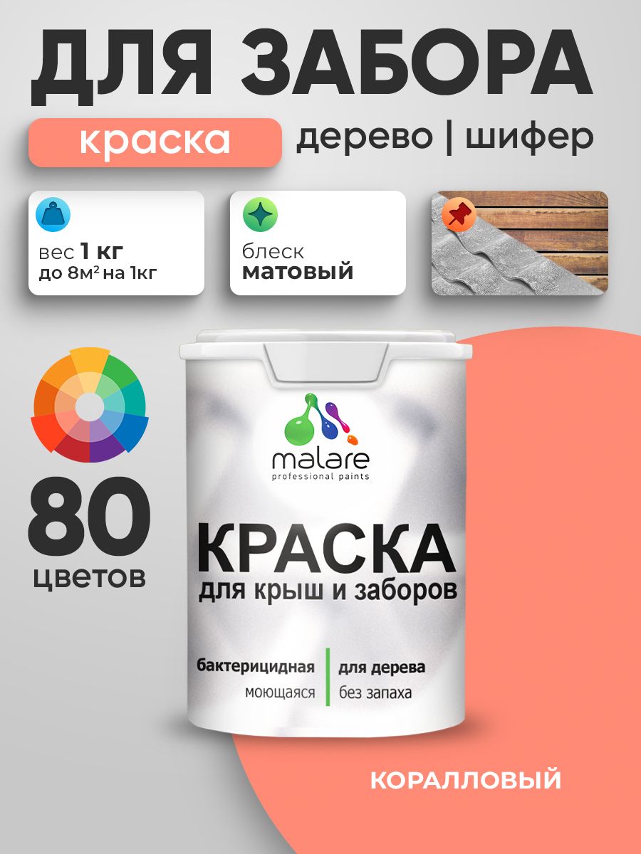 Резиновая краска Malare для деревянного забора/ по дереву для наружных и внутренних работ/ быстросохнущая моющаяся без запаха полуглянцевая, коралловый, 1 кг.