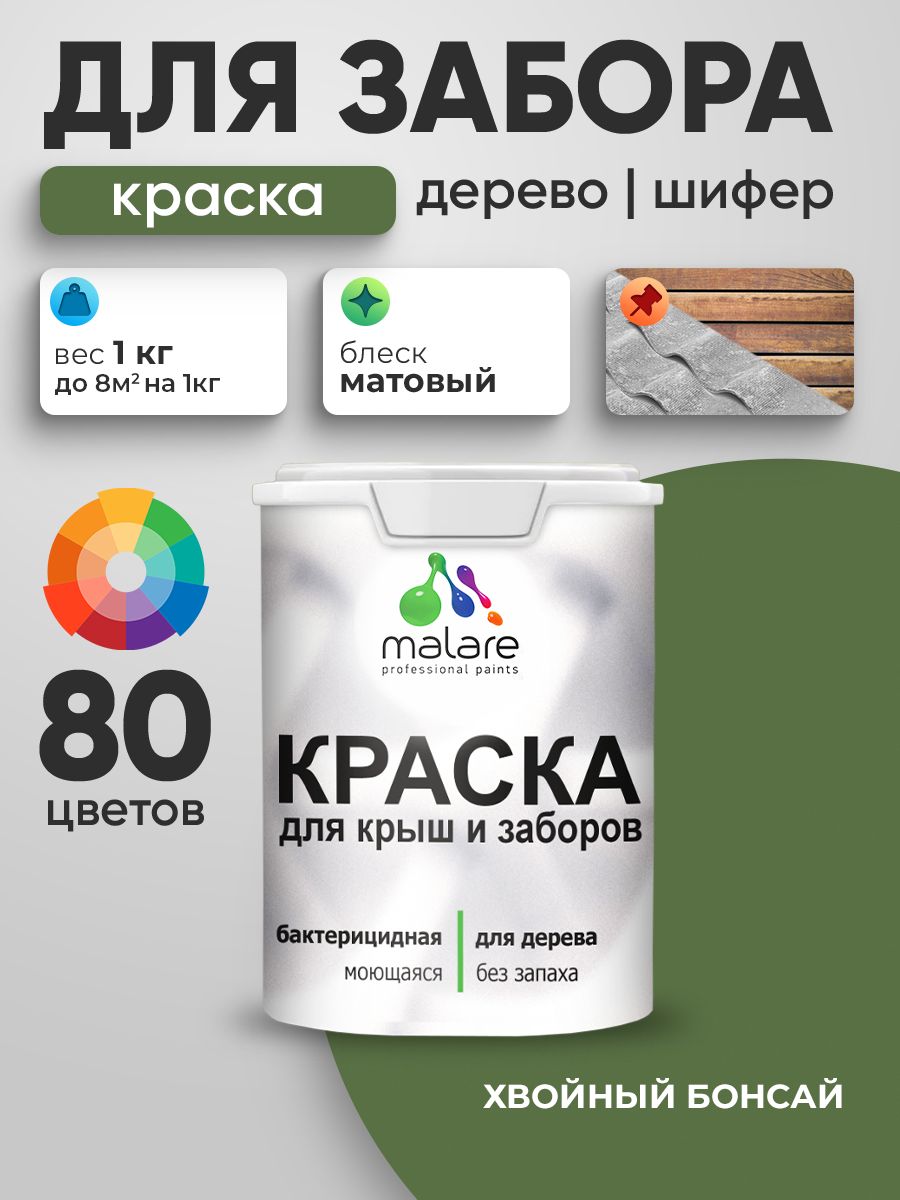 Резиновая краска Malare для деревянного забора/ по дереву для наружных и внутренних работ/ быстросохнущая моющаяся без запаха полуглянцевая, хвойный бонсай, 1 кг.