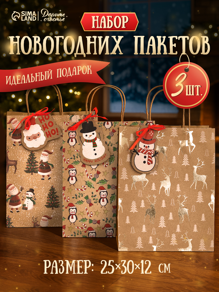 Пакеты подарочные новогодние, набор 3 шт, 25,4 х 30,5 х 12,7 см