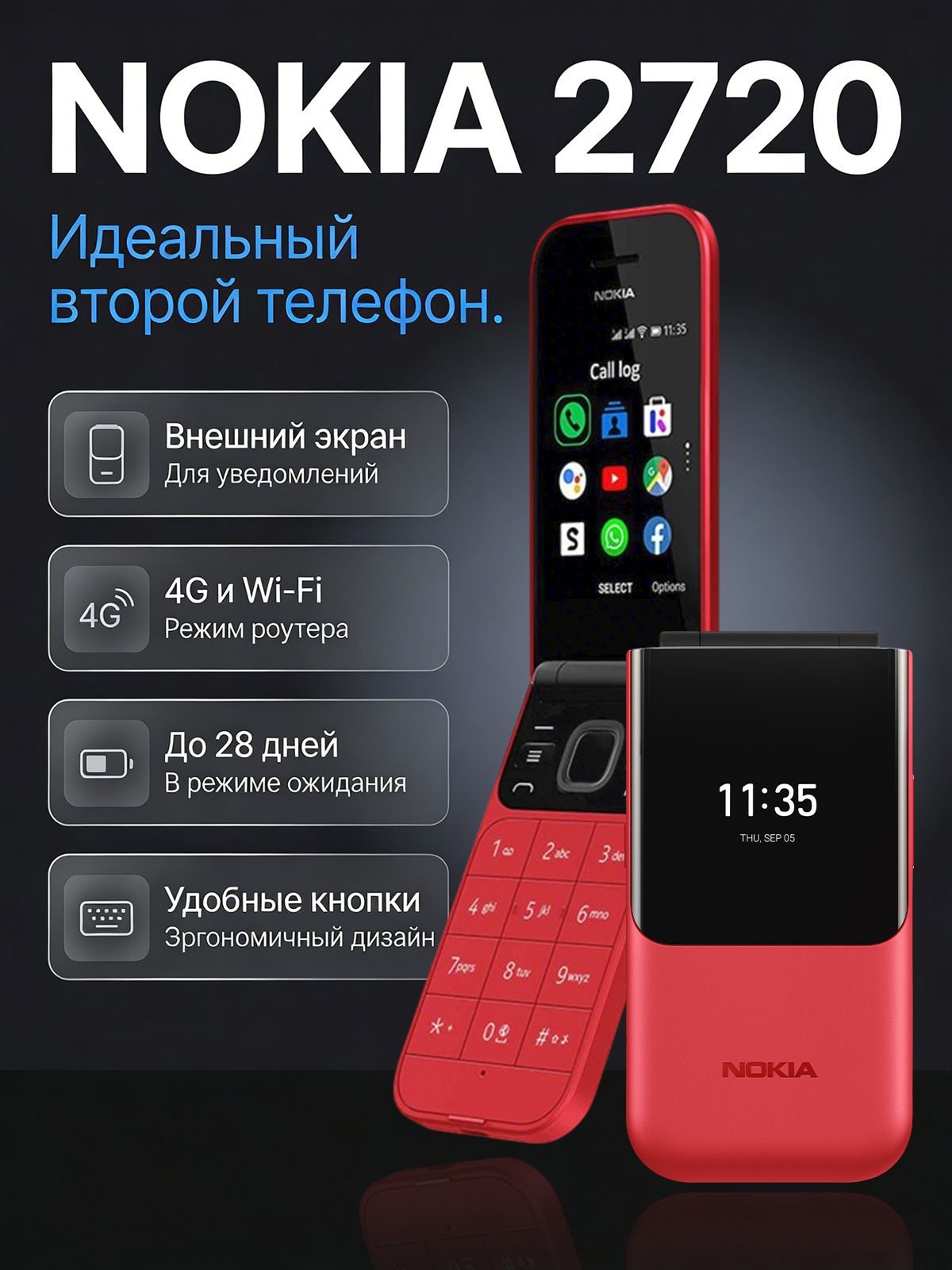 即決！美品〇NOKIA 2720 flip ガラケー シムフリー Мобильный телефон Nokia 2720 Flip Dual Sim, Русская клавиатура