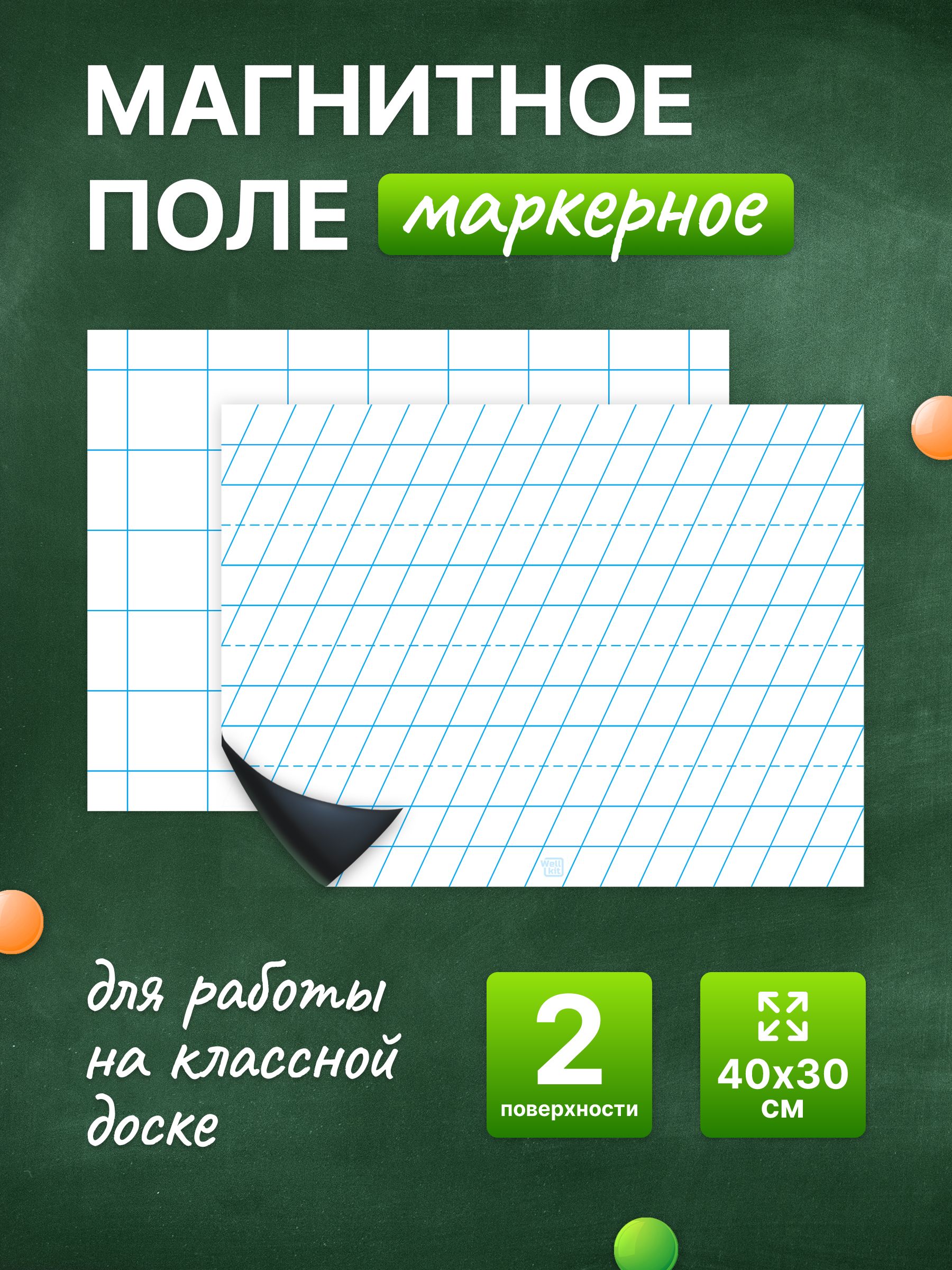 Разлиновка магнитная для школьной доски комплект, клетка + частая косая линия 40х30 см. WellKit