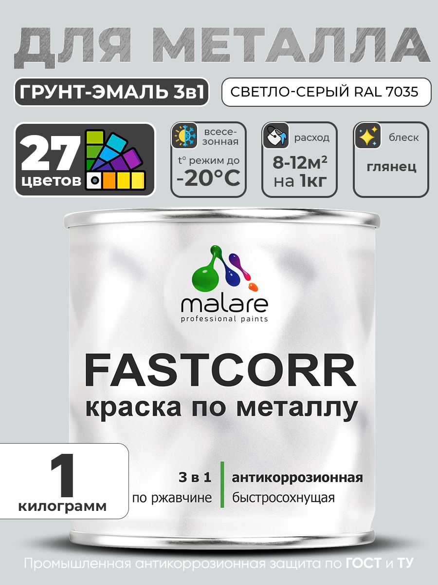 Краска для металла по ржавчине Malare FastCorr, для наружных работ износостойкая, быстросохнущая RAL 7035 светло-серый, глянцевая, 1 кг