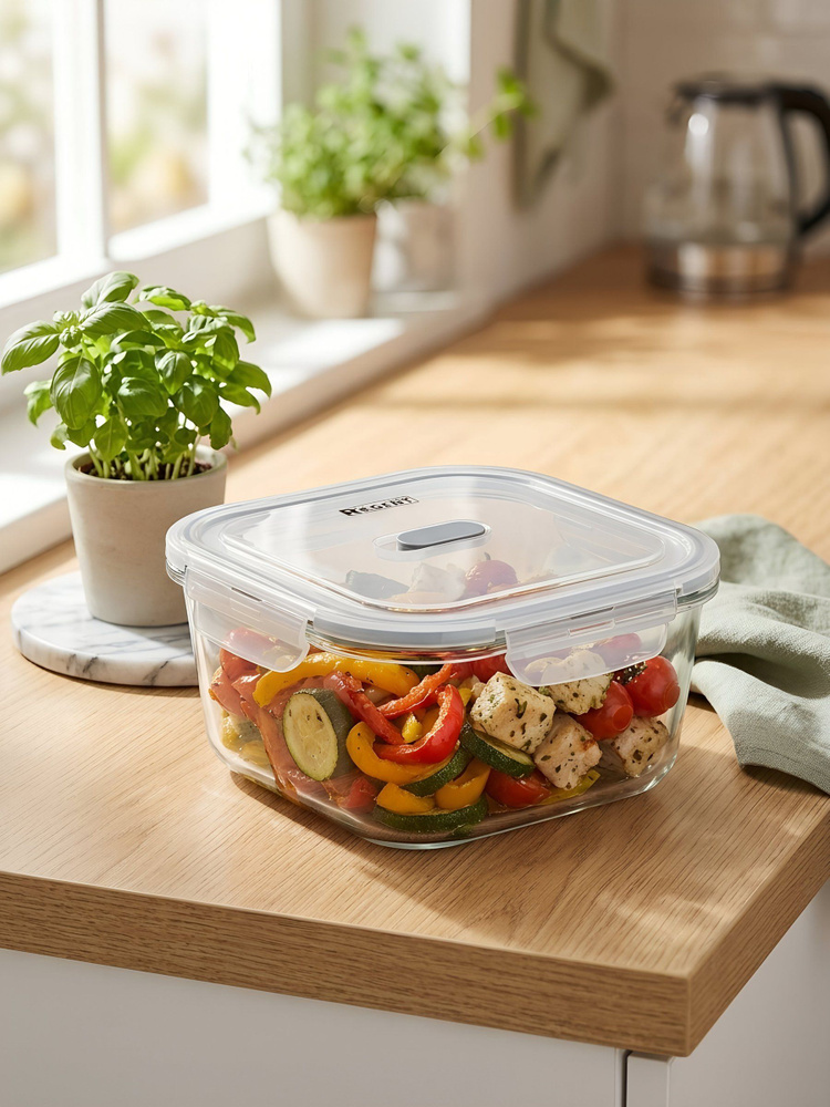 Контейнер пищевой Regent Inox Linea Desco, 1.2 л, квадратный, жаропрочное стекло, с крышкой и защелкой, #1