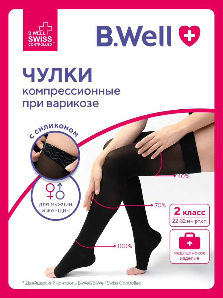 Чулки компрессионные B.Well JW-227 черный, 2 класс компрессии, 1 пара #1
