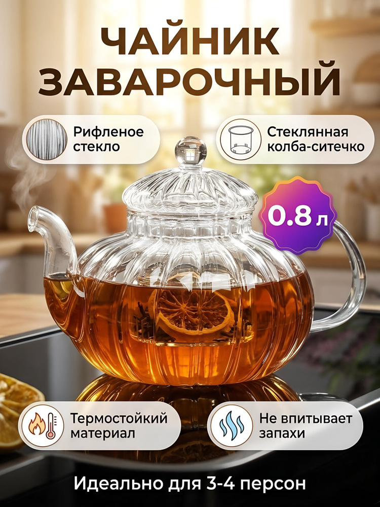 Чайник заварочный стекло, 0.8 л, рифленый с колбой #1