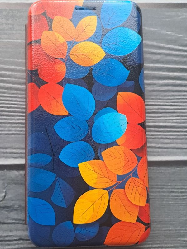 Чехол-книга Fashion Case для Xiaomi Redmi 9C, принт, оранжевые и синие листья, бордовый #1