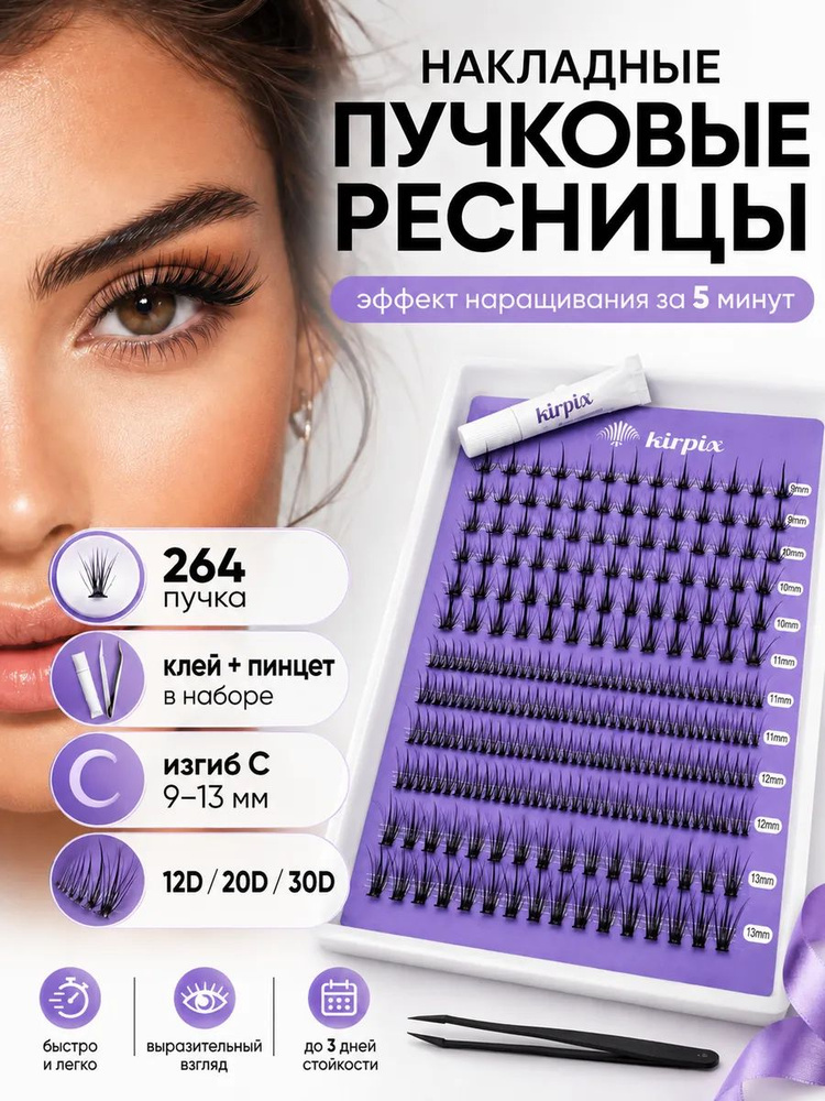 Набор накладных ресниц с клеем и пинцетом пучки многоразовые #1