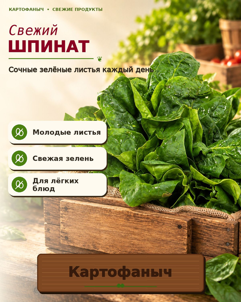 Шпинат 100 грамм. Молодые листья треугольно-копьевидной формы, ярко-зеленые и хрустящие. Нейтральный #1