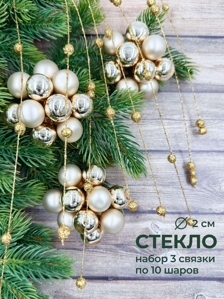 Набор стеклянных ёлочных шаров ChristmasDeLuxe диаметром 2 см, 3 связки по 10 шт #1