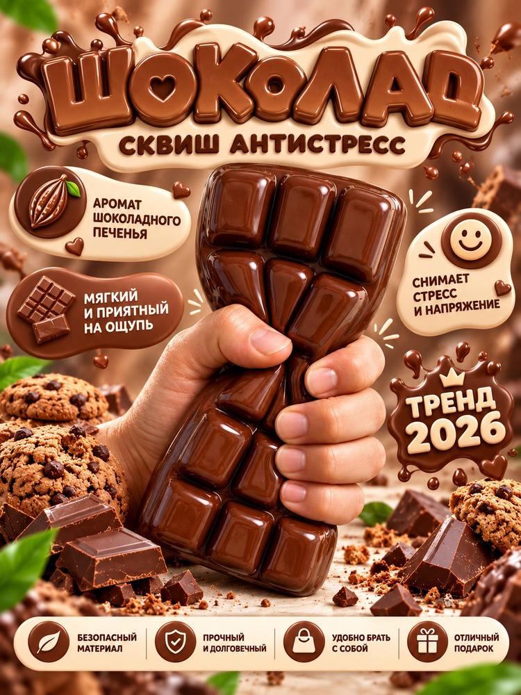 Сквиш Шоколадка антистресс, мягкая игрушка-мялка Шоколад, медленно восстанавливающая форму #1