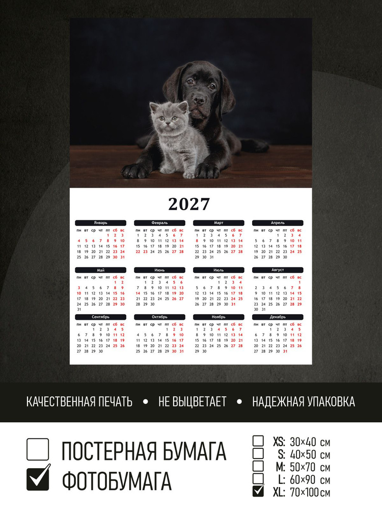Календарь 2027 Щенок лабрадора и котенок, фотобумага 70х100 см ПолиЦентр #1