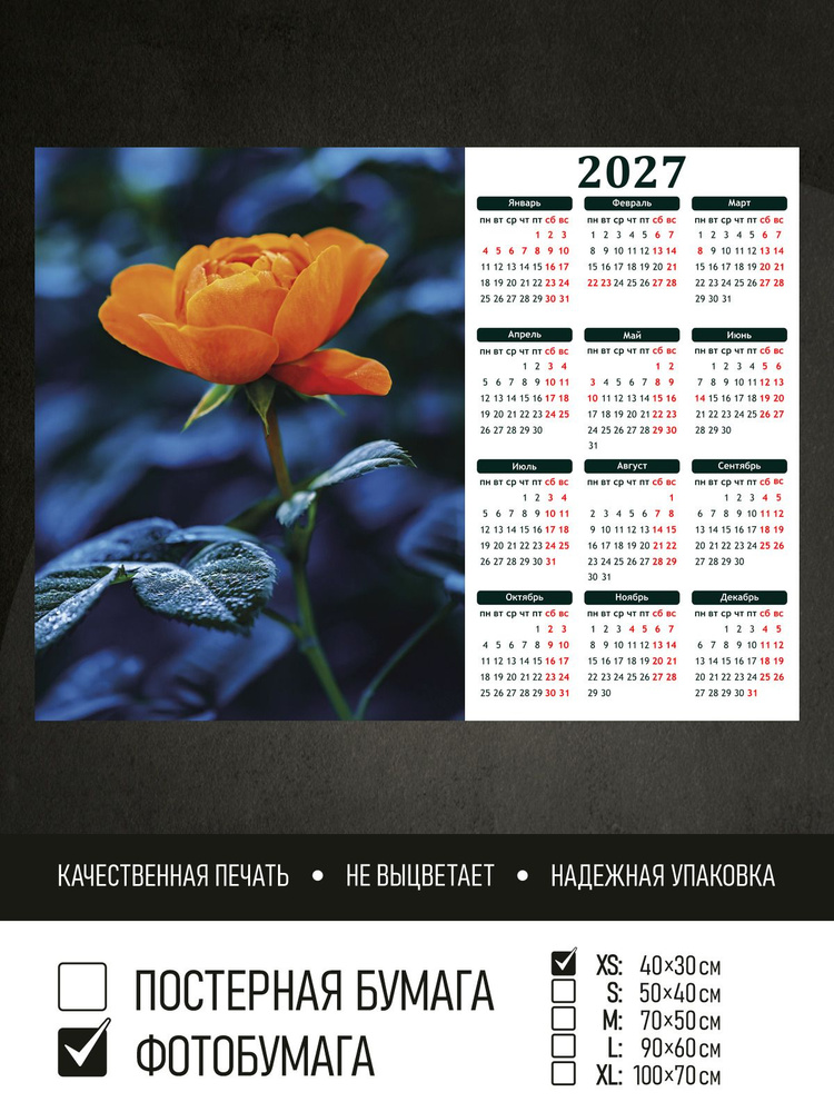 Календарь 2027 Оранжевая роза на синем фоне, фотобумага 40х30 см ПолиЦентр #1