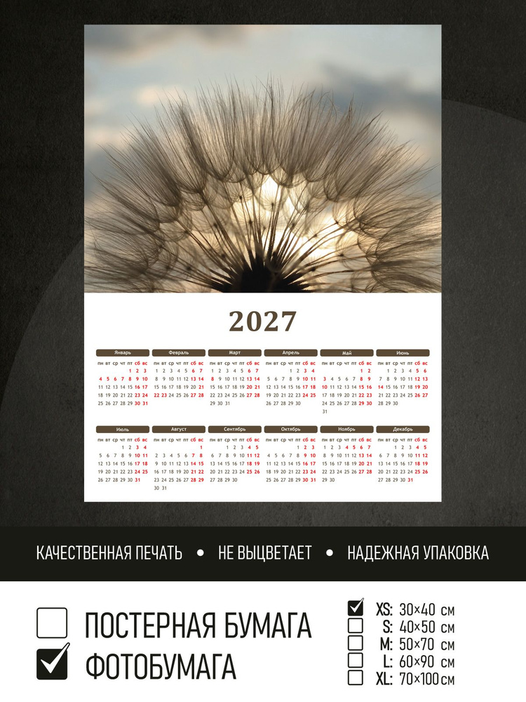 Календарь 2027 Одуванчик на закате, фотобумага 30х40 см ПолиЦентр #1