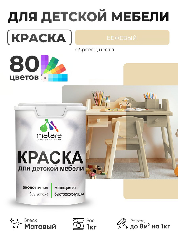 Акриловая краска Malare для детской мебели для кухонных фасадов, мебели из дерева, моющаяся, быстросохнущая #1