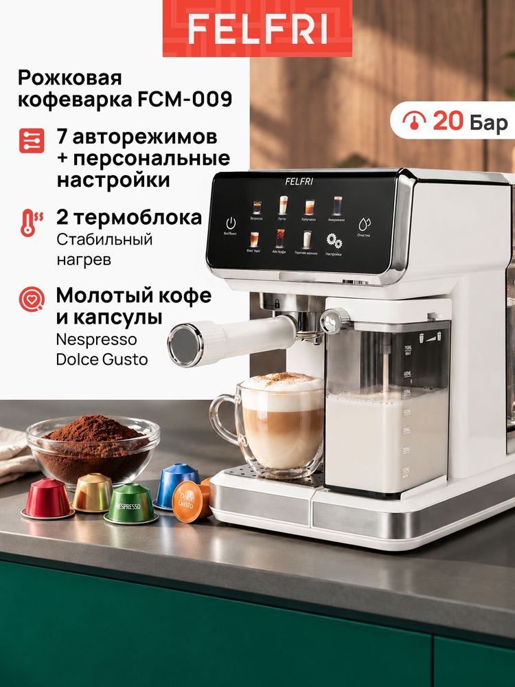 Кофемашина, кофеварка электрическая рожковая автоматическая с капучинатором, совместима с капсулами, #1