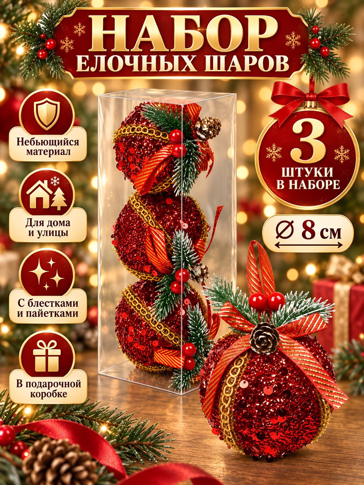 Елочные шары 3 шт, красные, 8 см, SYPMQA-0326002 #1