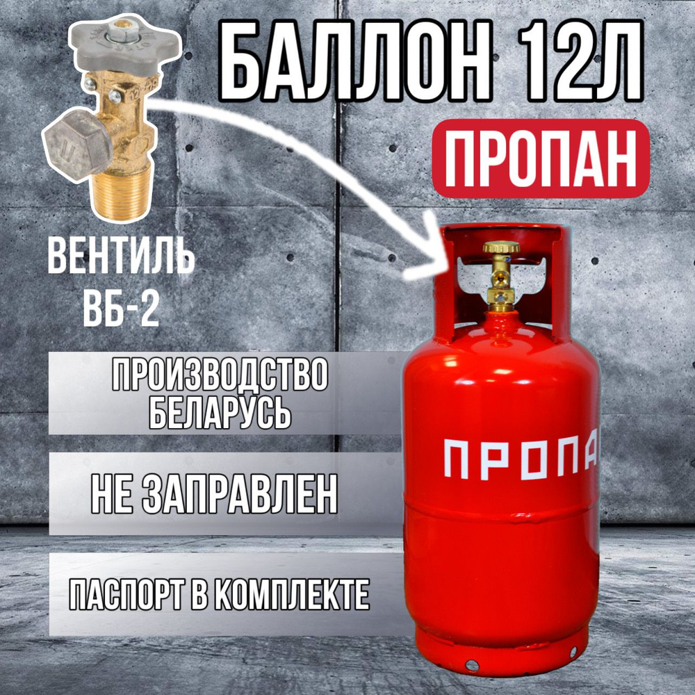 Баллон газовый пропановый 12л с вентилем ВБ-2, Беларусь (НЗГА)