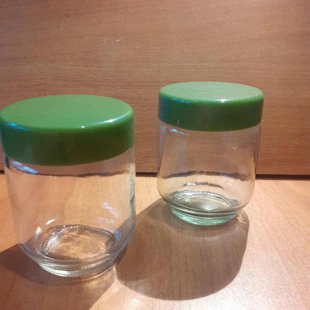 Две баночки для йогуртницы с завинчивающей зелёной крышкой и толстым дном, стекло  #1