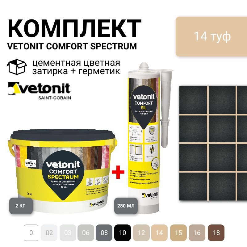Набор для укладки плитки затирка и герметик, Vetonit comfort, цвет 14, туф, ветонит. Затирка 2 кг. Герметик #1
