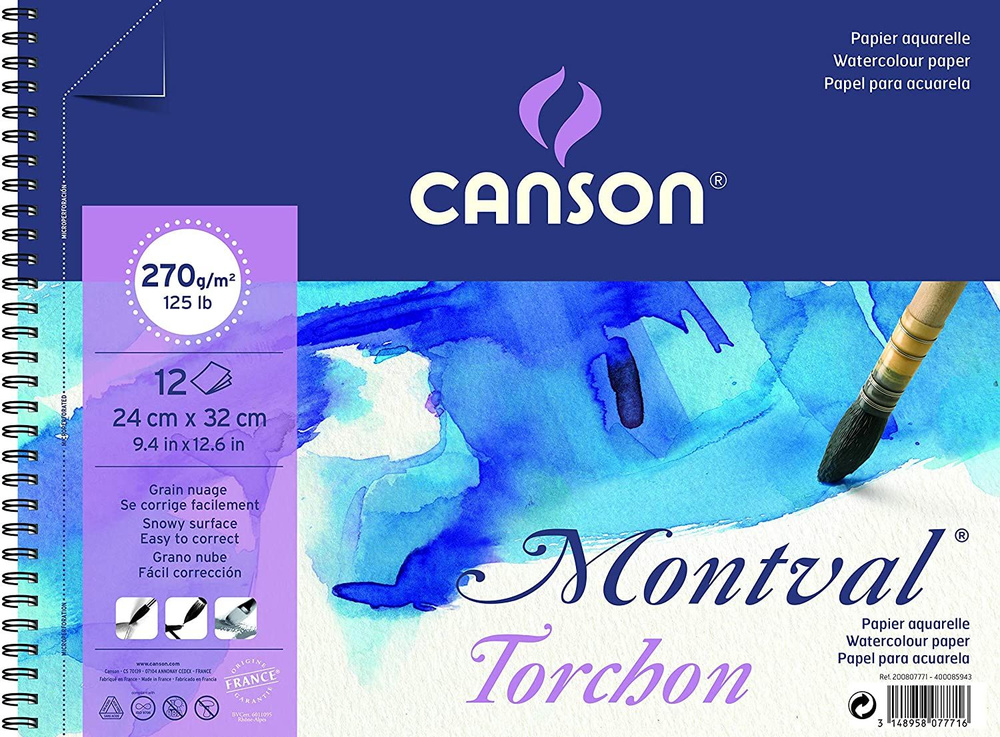 CANSON MONTVAL альбом для акварели Снежное зерно 270г/м.кв 24х32см 12 листов спираль по короткой стороне #1