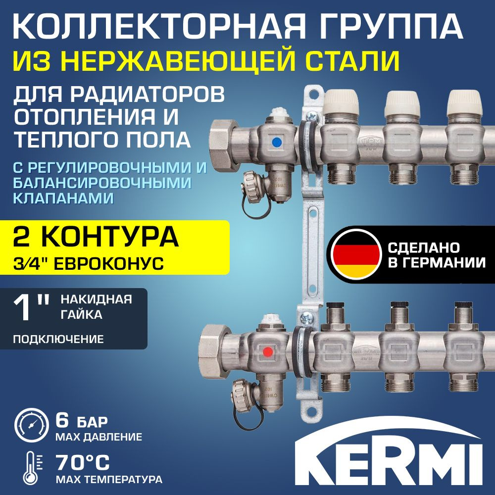 Коллектор НЕРЖ 1" х 2 вых. 3/4" Евроконус с регул. и балансир. клапанами KERMI Standard / Распределительная #1