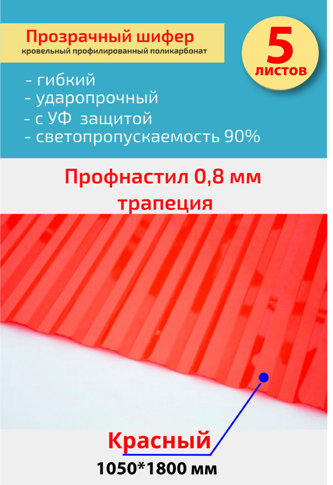 Кровельный монолитный профилированный поликарбонат 0.8 мм трапеция (Красный прозрачный) 1,05*1,8м.  #1