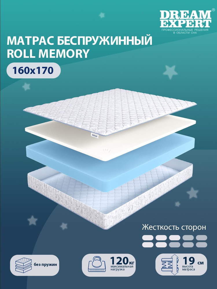Матрас, Анатомический матрас DreamExpert Roll Memory средней жесткости, двуспальный, чехол хлопковый #1