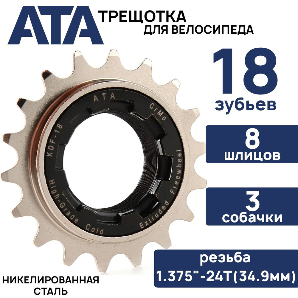 Трещотка ATA NDK-18 1/2"х1/8"х18Т, резьба 1.375"-24T (34,9мм), 3 собачки, 8 шлицов, Cr-Mo, никелированная #1