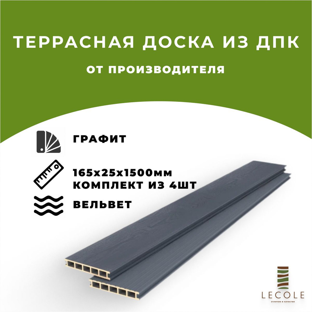 Террасная доска LECOLE из ДПК 165х25х1500мм, текстура ВЕЛЬВЕТ, цвет графит, комплект 4шт  #1