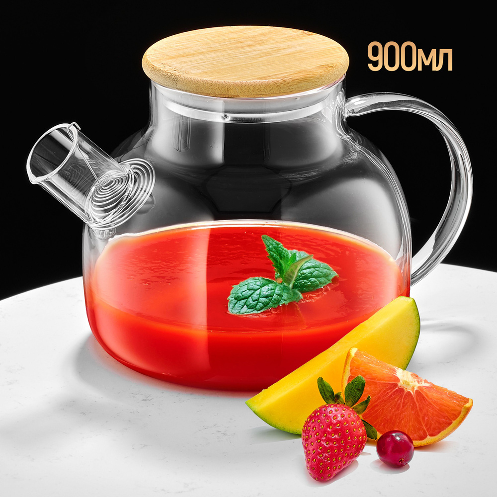Чайник заварочный стеклянный "Бочонок" жаропрочный с бамбуковой крышкой и фильтром пружинкой, 900 мл #1