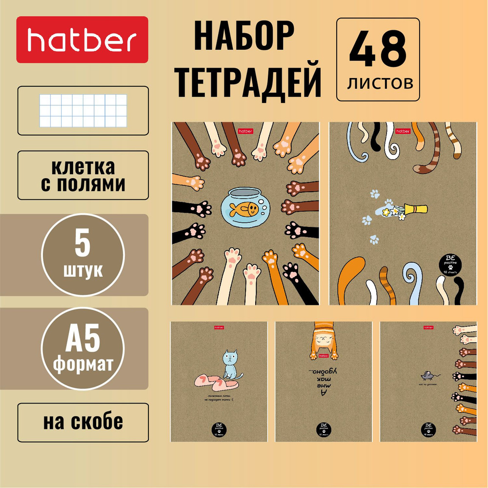 Набор тетрадей 5 шт/5 дизайнов 48 листов в клетку Hatber КРАФТ, скругленные  уголки 