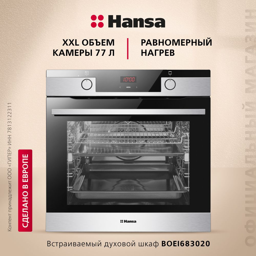 Электрический духовой шкаф Hansa BakingPro встраиваемый BOEI683020, 60см,  объем камеры XXL, с грилем и конвекцией, 9 режимов нагрева, с таймером,  быстрый предварительный нагрев, очистка паром - купить с доставкой по  выгодным ценам