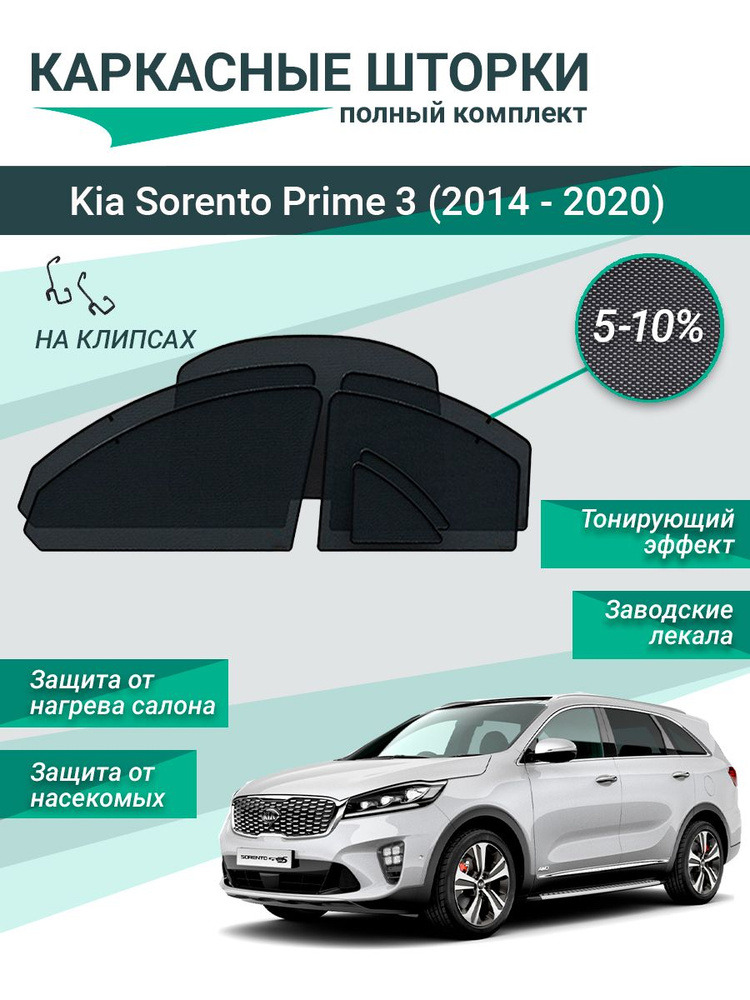 Каркасные шторки для Kia Sorento Prime 3 (2014 - 2020) на фиксаторах, сетки на все стекла  #1