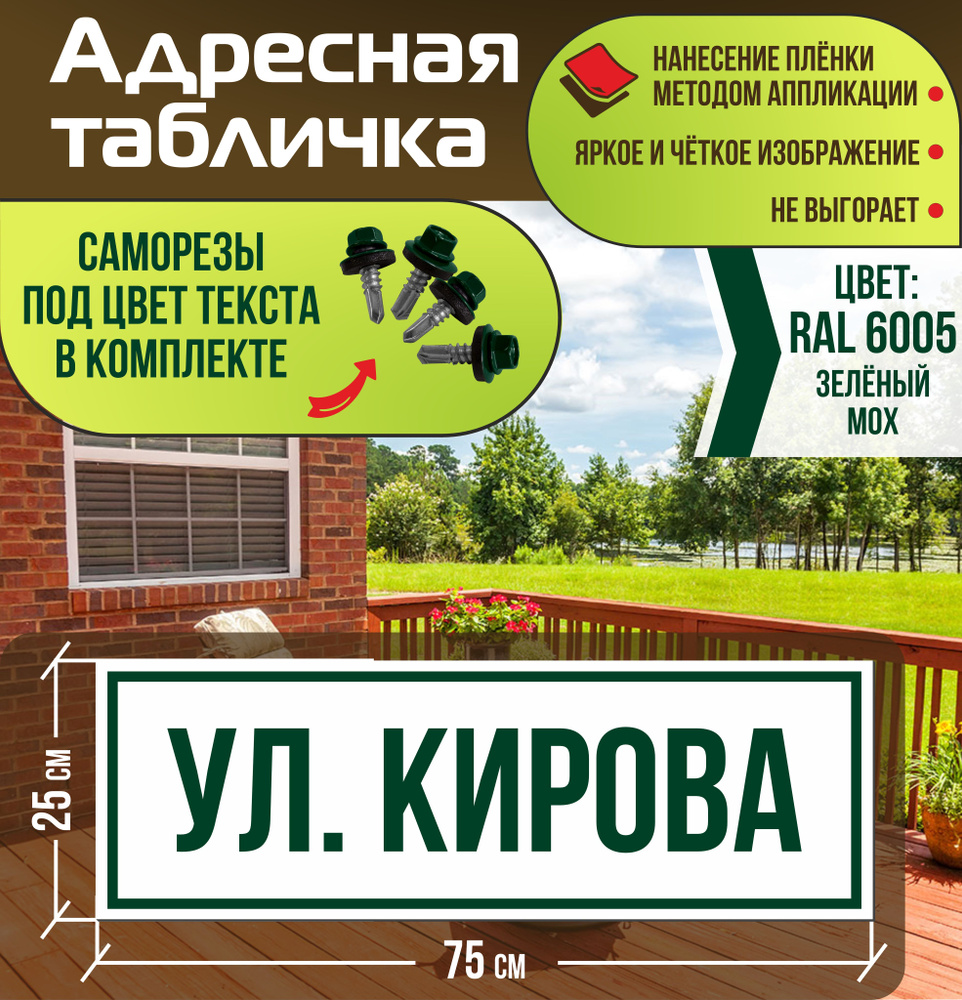 Адресная табличка на дом улица Кирова RAL 6005 зеленая #1