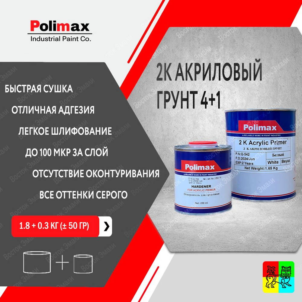 Грунт акриловый белый 2K 4+1 Polimax 1 л (с отвердителем 0.25 л) #1