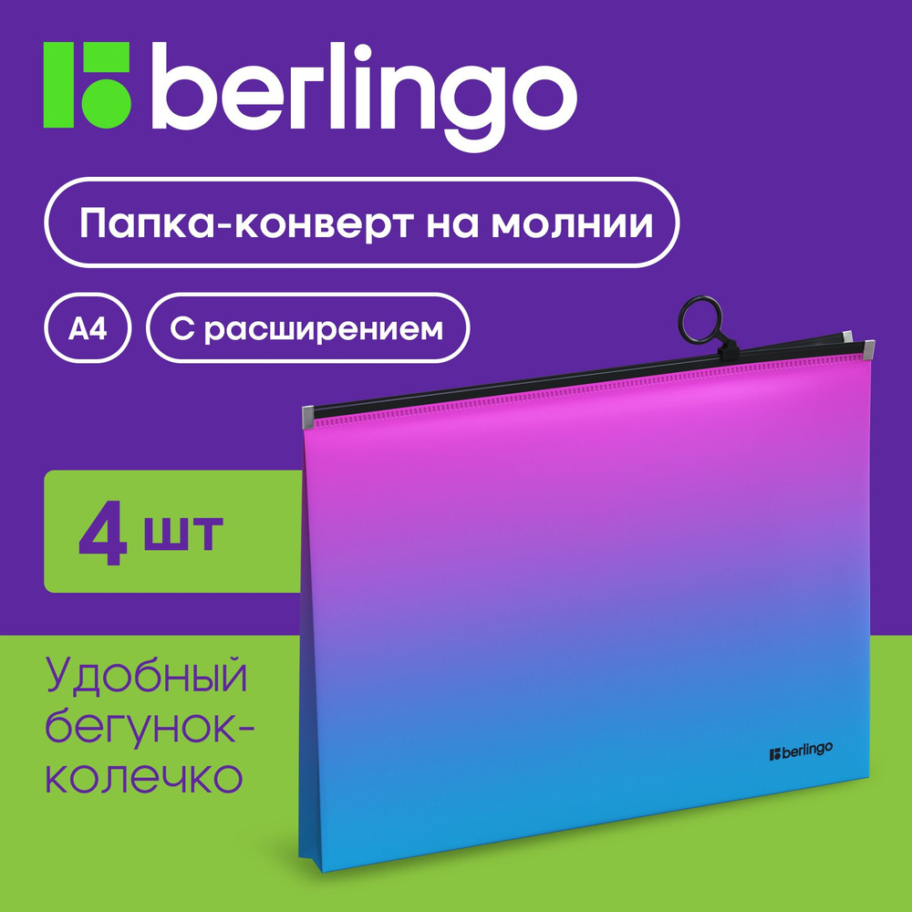 Папка конверт для документов и бумаг на молнии с расширением Berlingo "Radiance", 180 мкм, 4 штуки  #1