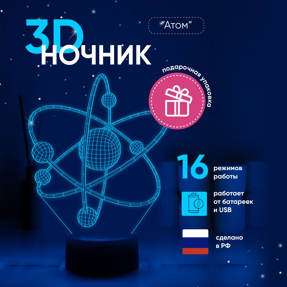 Ночник 3D ЛАМПАНОЧИ, светильник 3Д, АТОМ #1