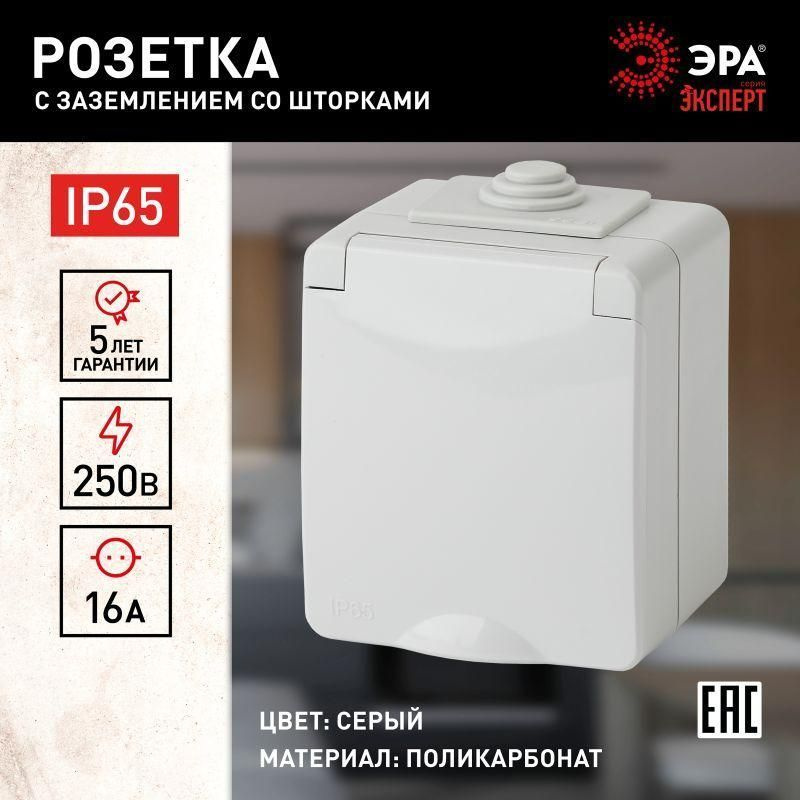 Розетка 1-м ОП Эра Эксперт 11-2602-03 16А IP65 250В 2P+E защ. шторки сер. Эра Б0035990  #1