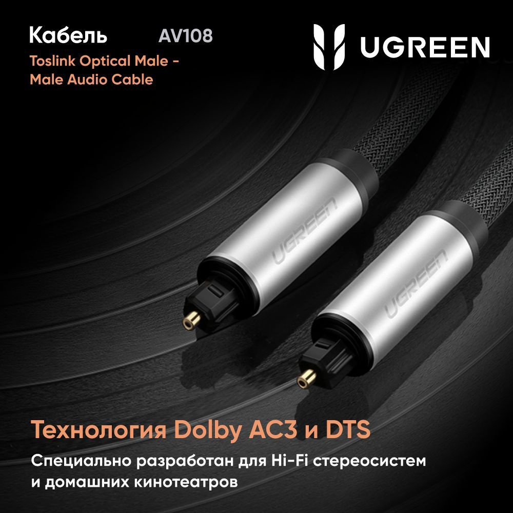 Кабель UGREEN AV108 (10540) Toslink Optical Male To Male Audio Cable. Длина: 2м. Цвет: серебристо-черный #1