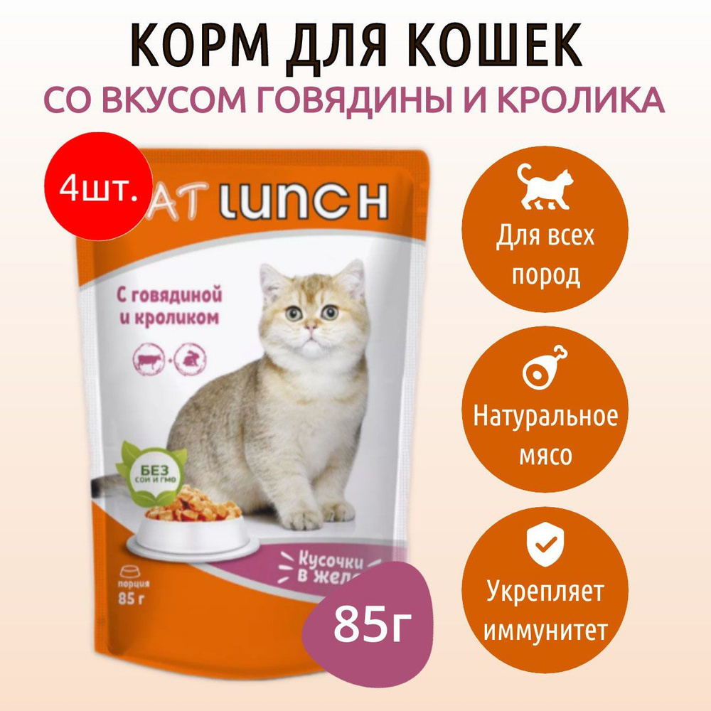 Влажный корм CAT LUNCH 340 г (4 упаковки по 85 грамм) для кошек Говядина и кролик кусочки в желе, в паучах #1