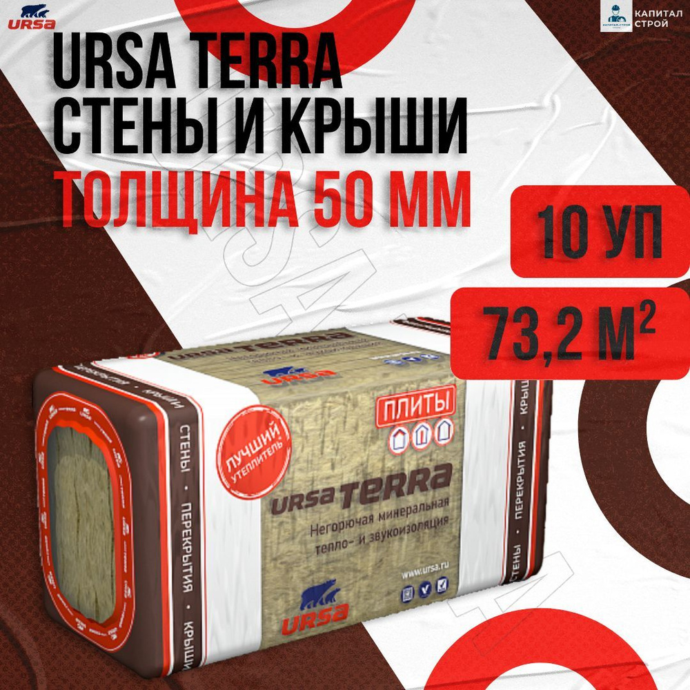 Утеплитель в плитах 73.2 м2 (10 упаковок) минеральная вата 50мм URSA TERRA 36 PN Стены и крыши для стен, #1