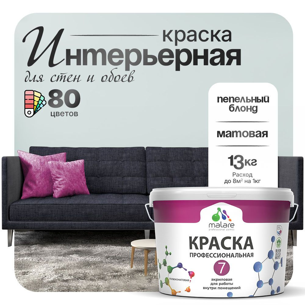 Краска Malare Professional Euro №7 интерьерная для стен и обоев, для потолка, акриловая, быстросохнущая, #1