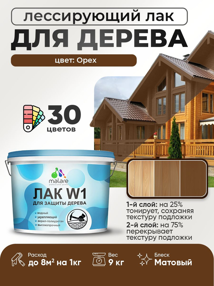 Лак колерованный тонирующий для дерева Malare W1 для деревянных и минеральных поверхностей, моющийся #1