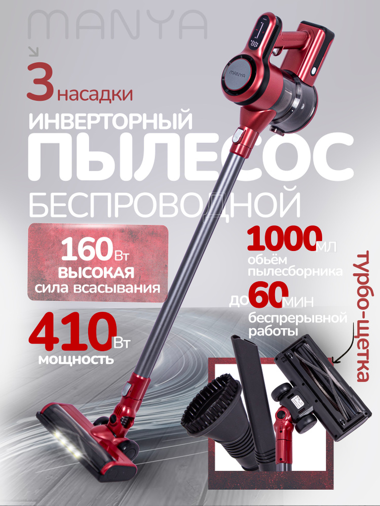 Пылесос вертикальный инверторный беспроводной MANYA VC-401R мощность всасывания 160Вт, настенное крепление, #1
